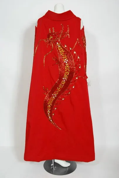 1950's Documented Beaded Dragon Motif Hourglass Burlesque Gown Gloves Cape Ensemble