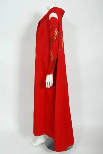 1950's Documented Beaded Dragon Motif Hourglass Burlesque Gown Gloves Cape Ensemble