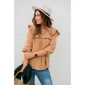 3/4 Sleeve Gauze Ruffle Blouse