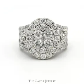 4cttw Oval Shaped Diamond Cluster Ring with Wide Diamond Accented Split Shank Sides in 14k White Gold