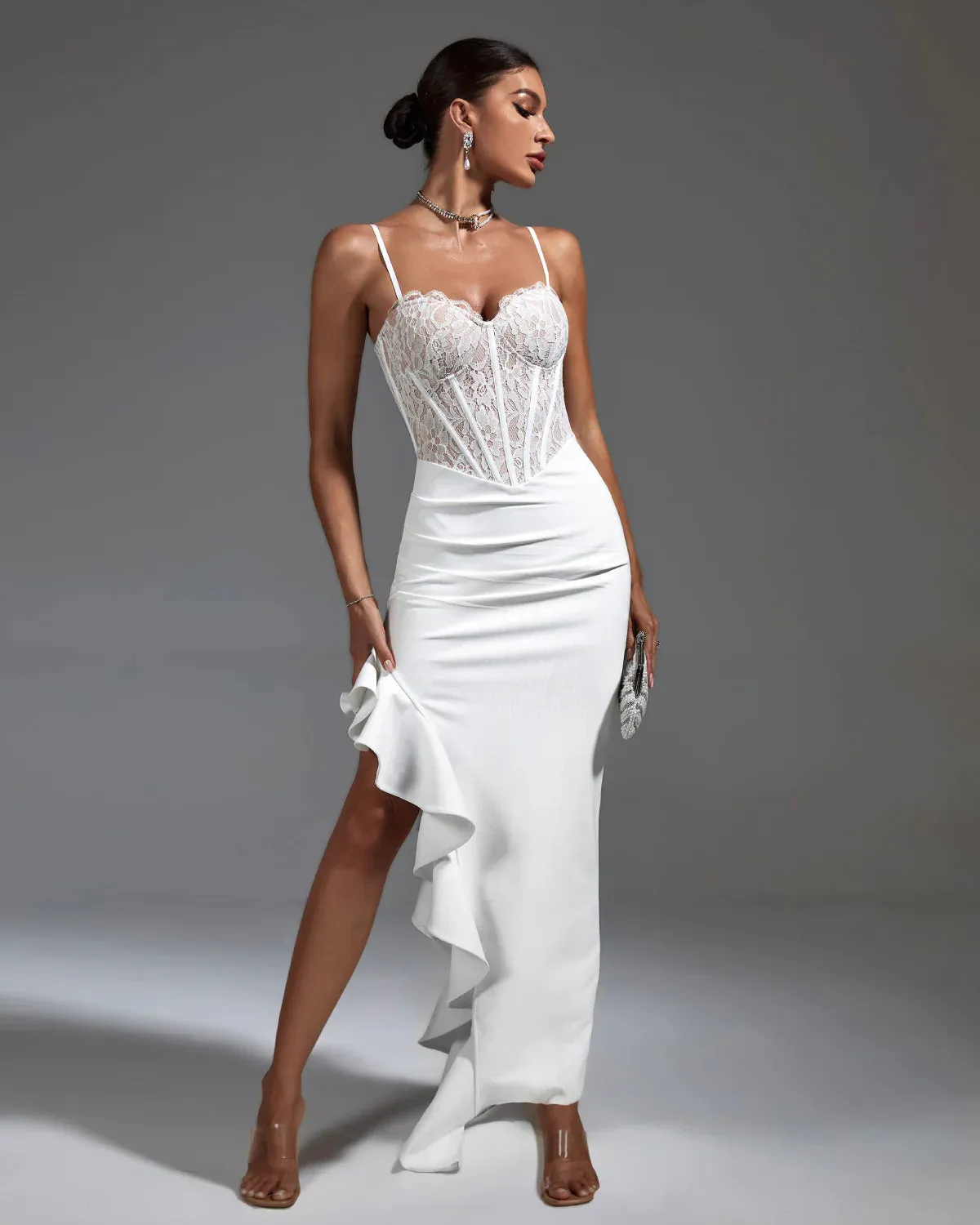 AGATA  White Lace Corset & Ruffled Bandage Dress