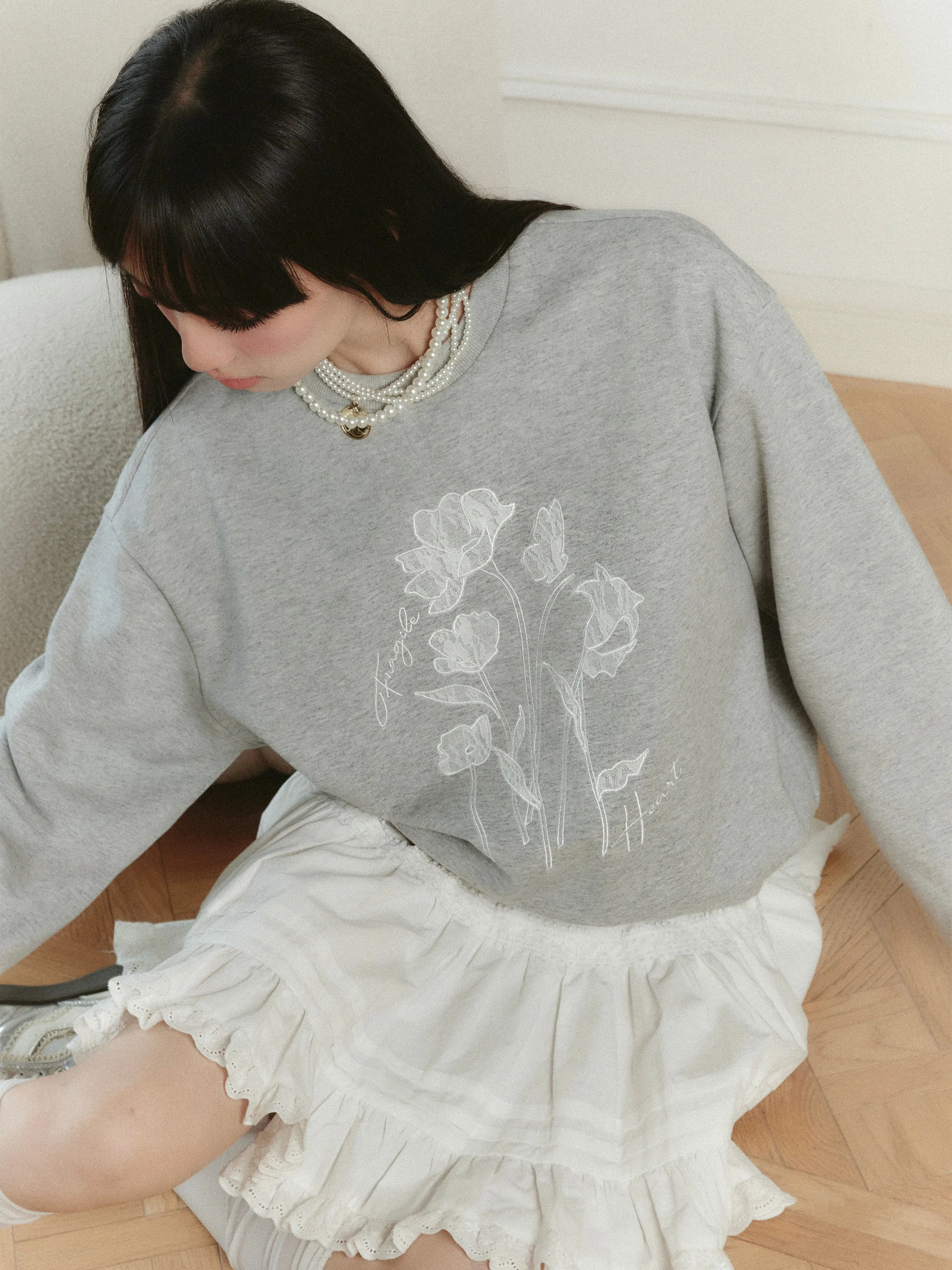 American Graffiti Lazy Gray Round Neck Long Sleeve Sweatshirt/Skirt FRA0204