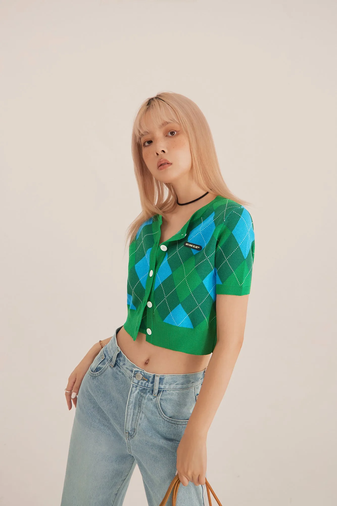 Argyle Short-Sleeved Crop Cardigan