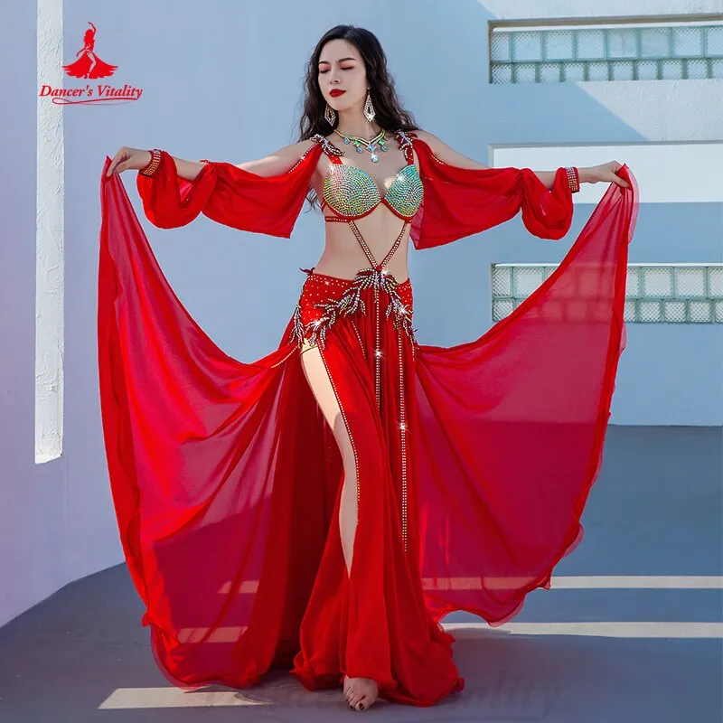 Belly Dance Performance Clothes Women Customsized AB Stones Bra sleeves chiffon Long Skirt Female Popsong Competiton Outfit