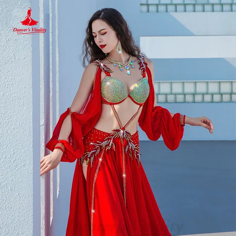 Belly Dance Performance Clothes Women Customsized AB Stones Bra sleeves chiffon Long Skirt Female Popsong Competiton Outfit