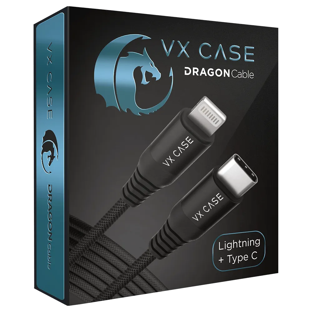 Cabo para iPhone/iPad USB Tipo-C Turbo Lightning MFI Dragon 1,20m VX Case Preto