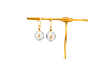 CHANEL GREY FAUX PEARL WITH GOLD J SHAPED EARRINGS, NO BOX