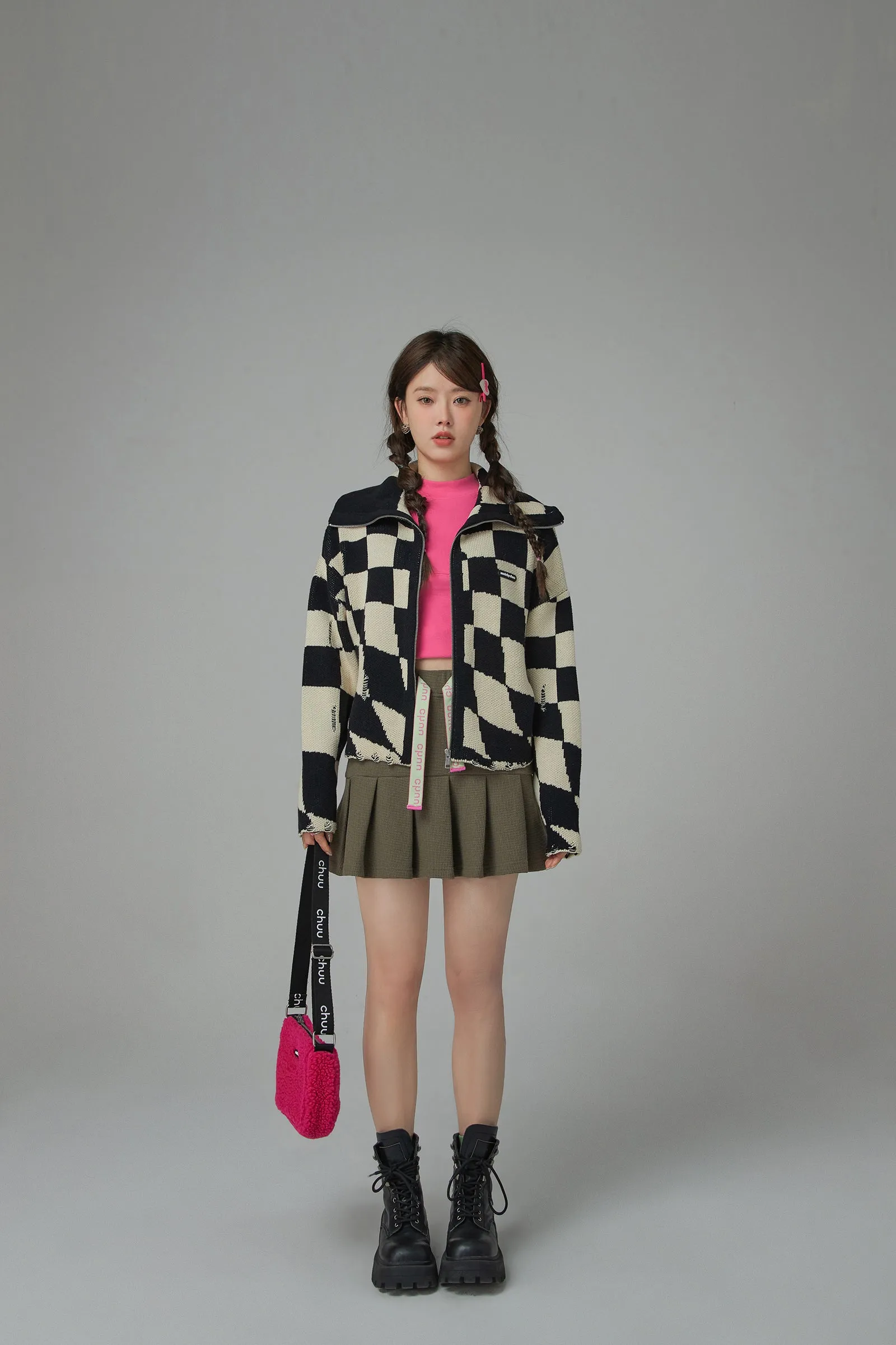 Check Mate Queen Checkerboard Zip-Up Cardigan