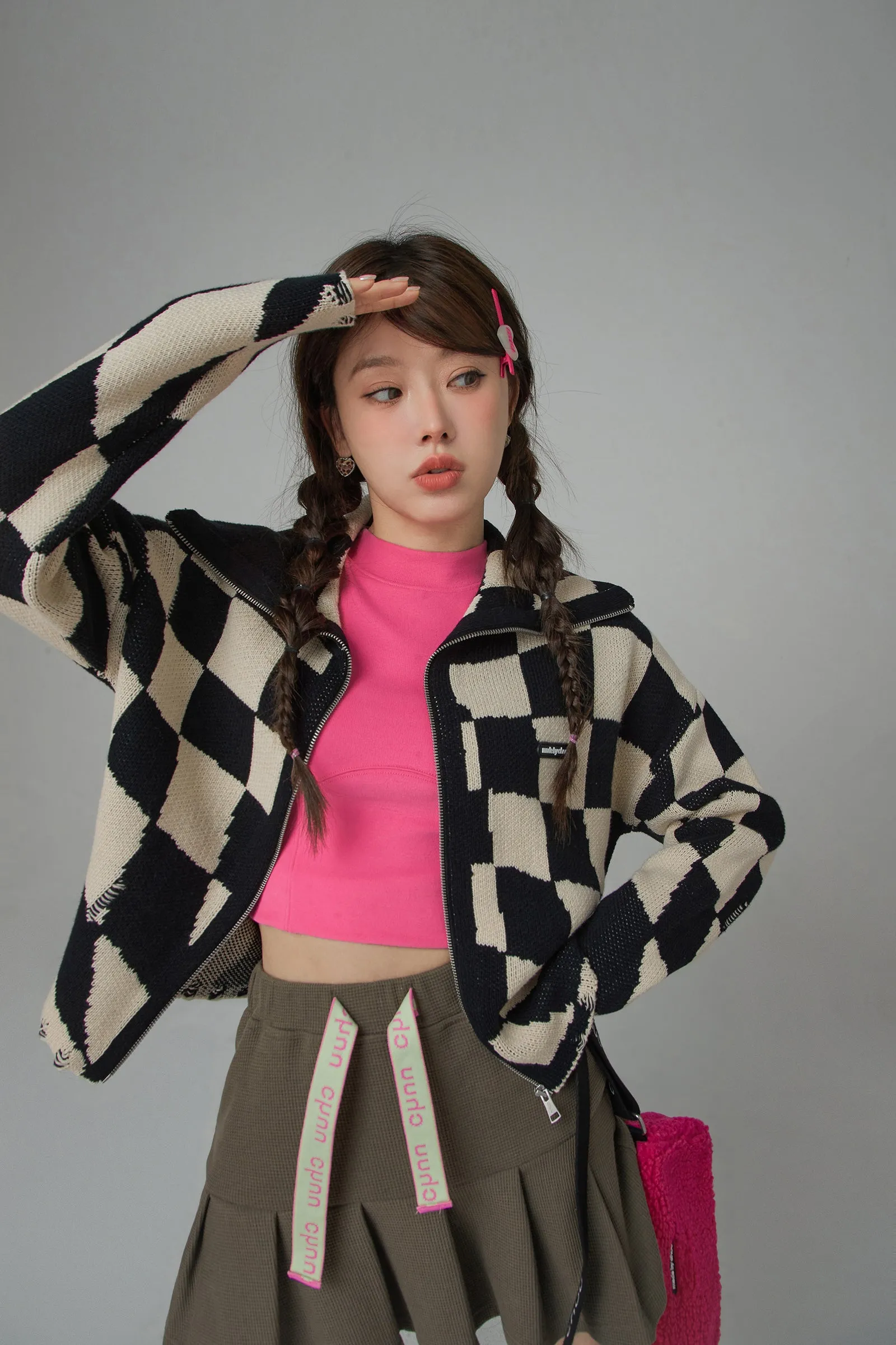 Check Mate Queen Checkerboard Zip-Up Cardigan