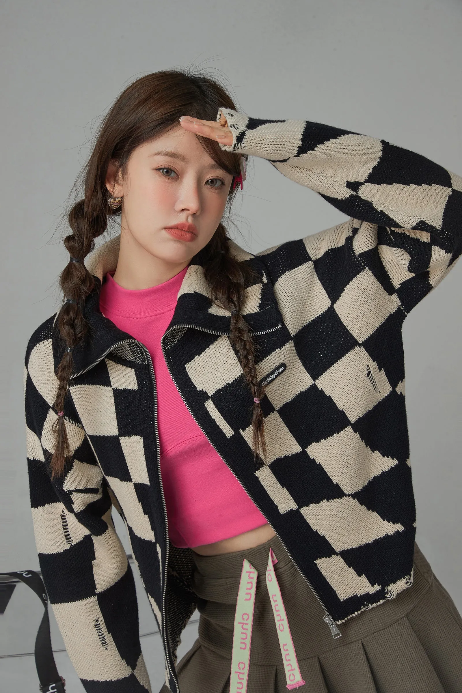 Check Mate Queen Checkerboard Zip-Up Cardigan