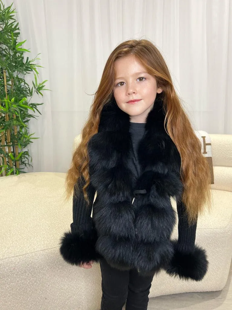 Childrens Black Luxury Fur Cardigan