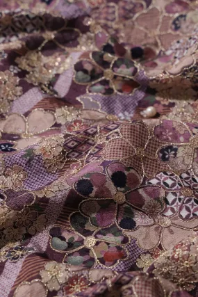 Floral Position Print On Sequins Embroidery Mauve Viscose Chinnon Chiffon Fabric