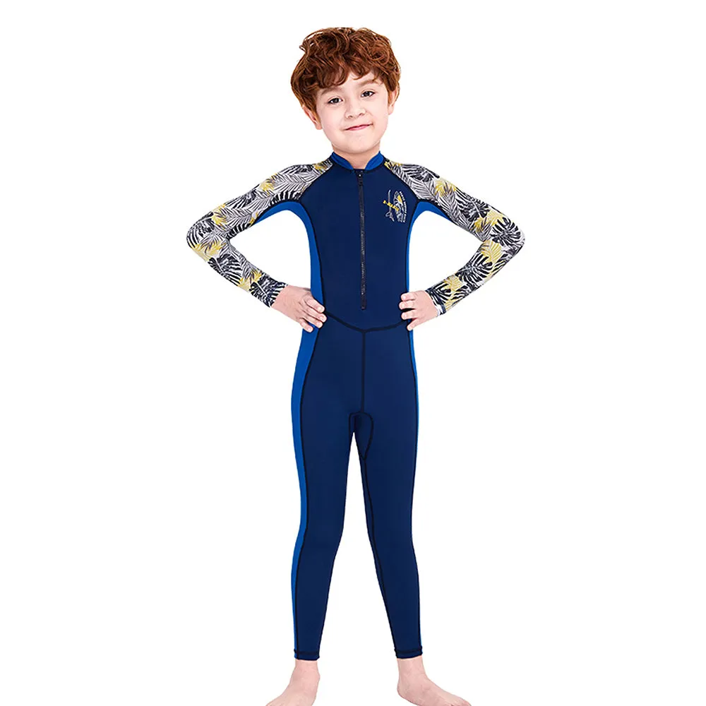 Full Sleeves Kids Swimwear Blue & Dark Blue Palm Leaves printed Sleeves, UPF 50 