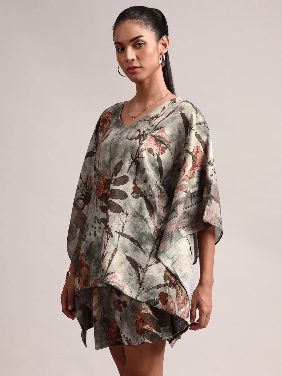 Grey Cotton Linen Floral Kaftan Co-Ord Set