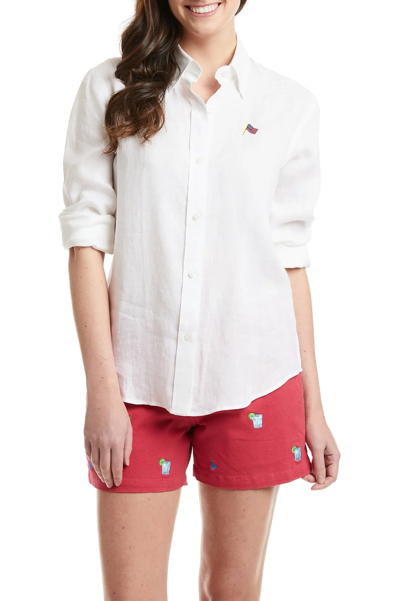 Ladies Button Down Shirt White Linen with USA Flag