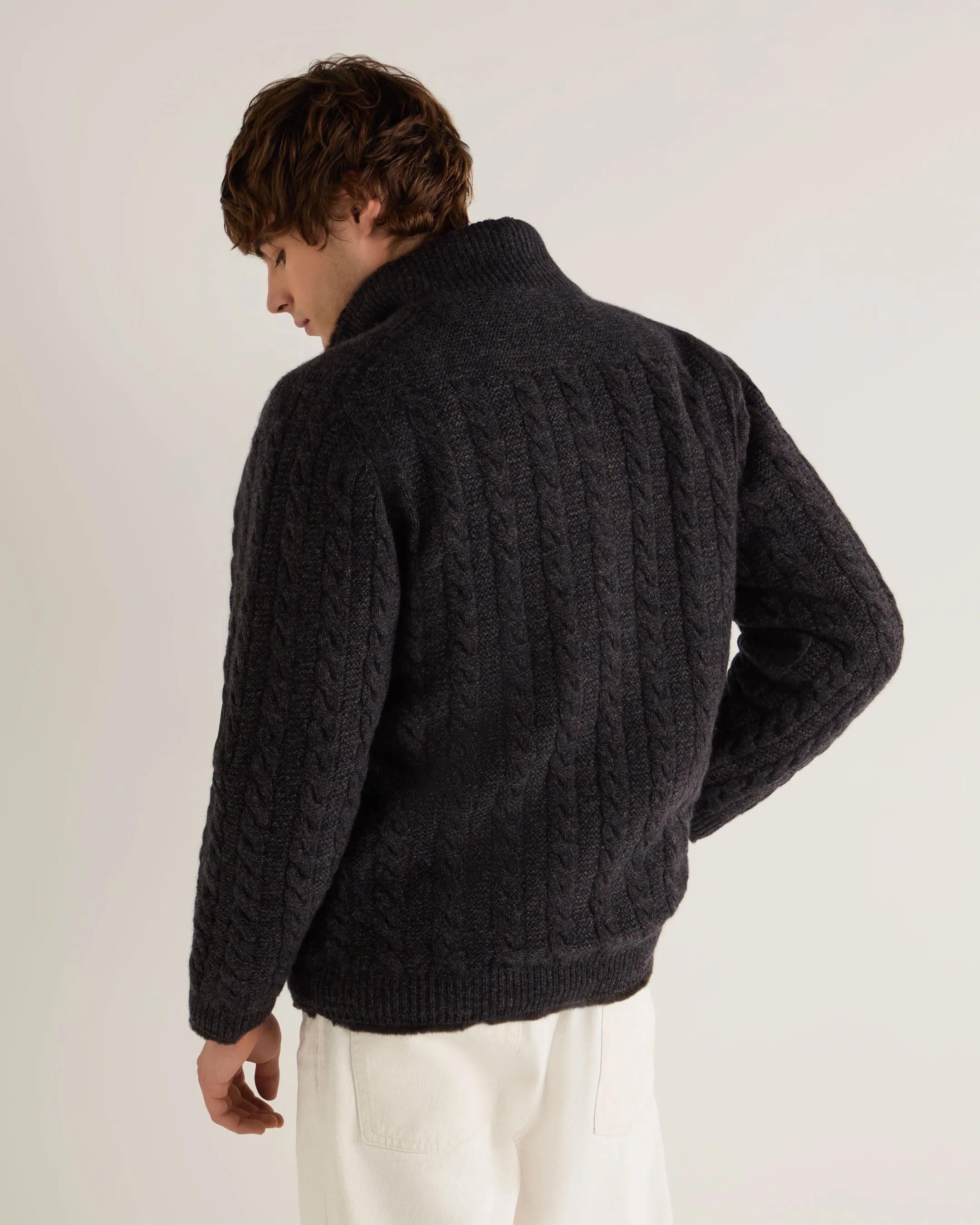 Men's Aspen Cashmere Cable Fur Cardigan Granite Blue