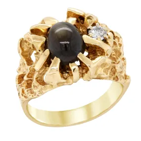 MEN'S YELLOW GOLD FASHION RING WITH BLACK STAR SAPPHIRE AND A .10 CT DIAMOND